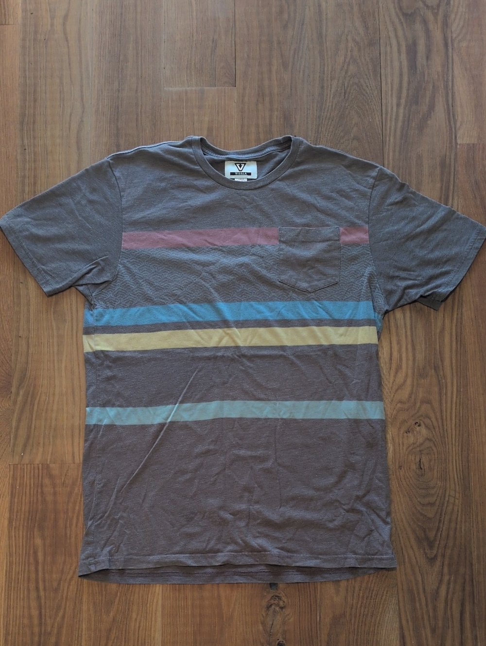 Vissla Men's Gray Short-Sleeve Stripe Pocket Tee with Blue, Tan & Pink Accents